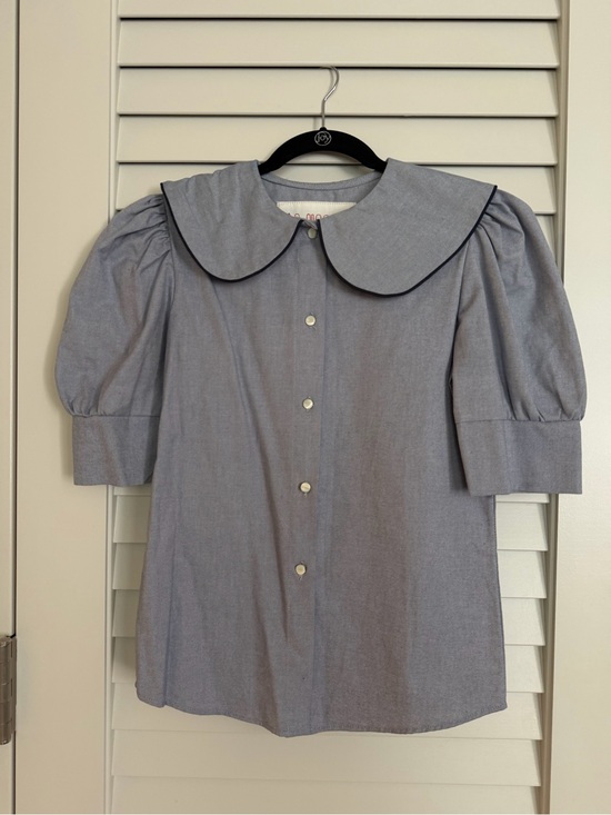 La Veste Tops - La Veste Peter Pan Collar Button-Front Blouse in Light Blue with Navy Trim XS
